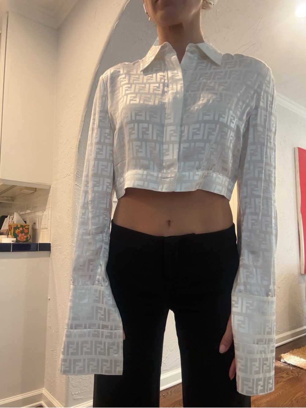 Fendi White Monogram Cropped Button-Up Shirt